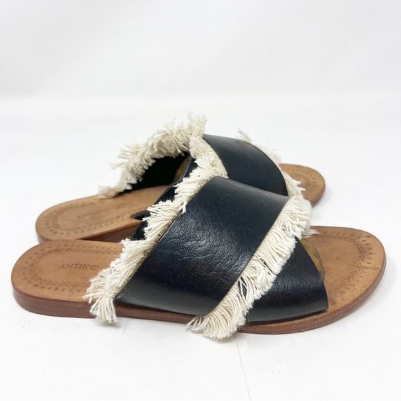 ANTIK BATIK ALBA BLACK LEATHER WITH FRINGE FLAT SLIP ON SANDALS WOMENS SZ 7 - Picture 5 of 7